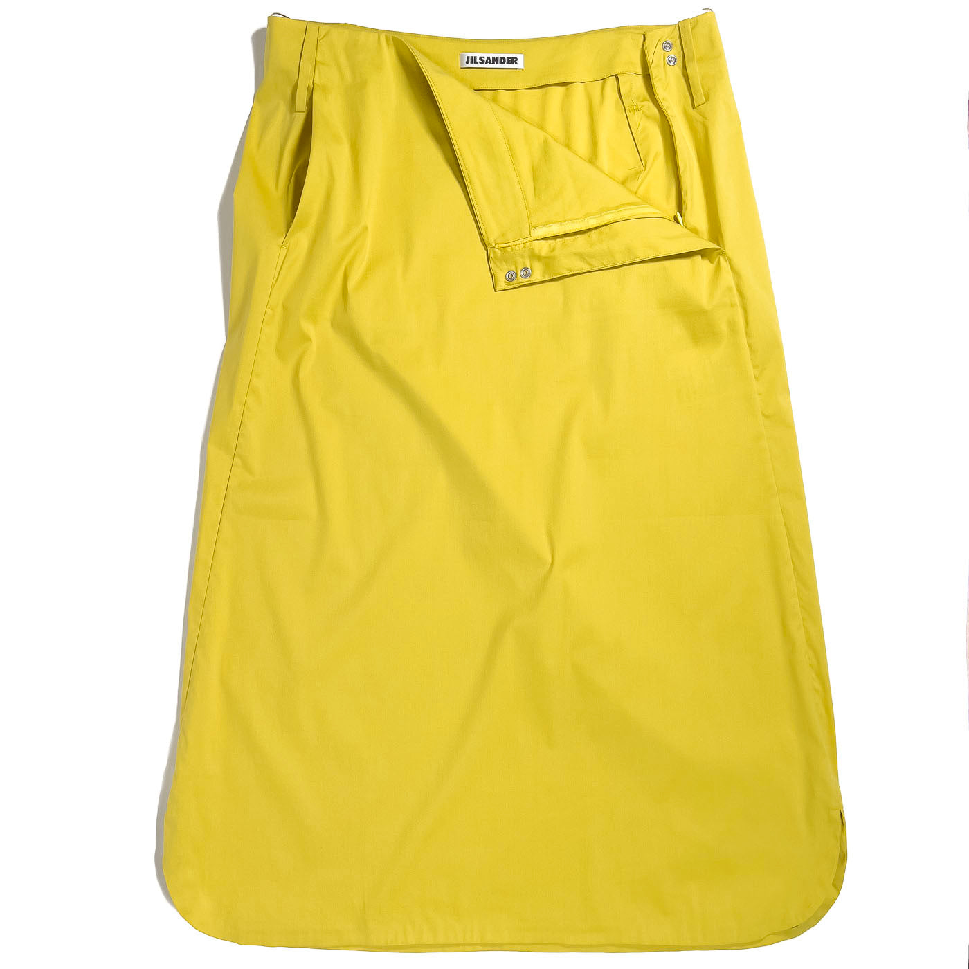Vintage JIL Sander yellow skirt, displayed flat on a white background, showing the front view with the brand tag visible.