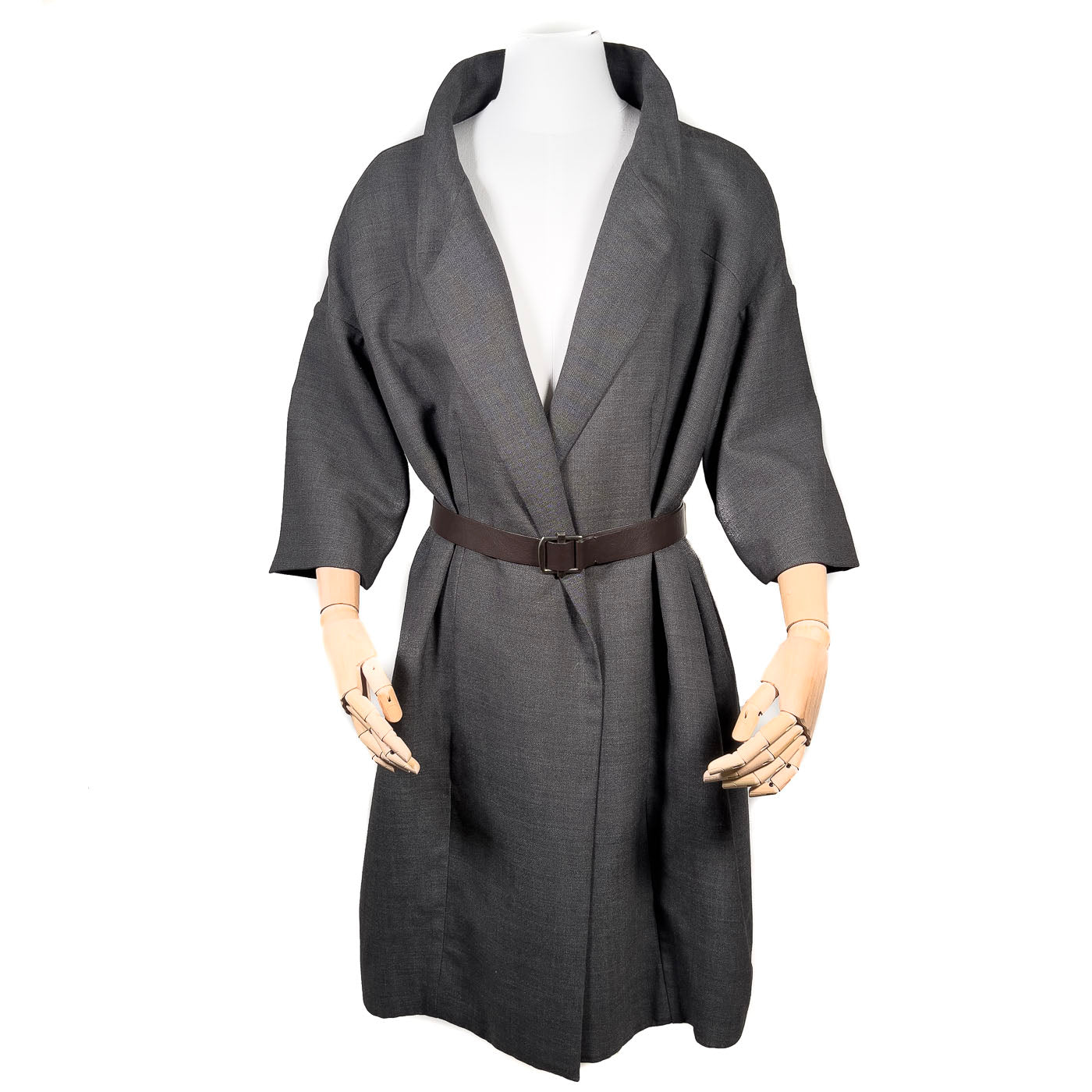 A Marni grey 3/4 sleeved coat with a calf leather belt, displayed on a mannequin with the belt detached and visible.