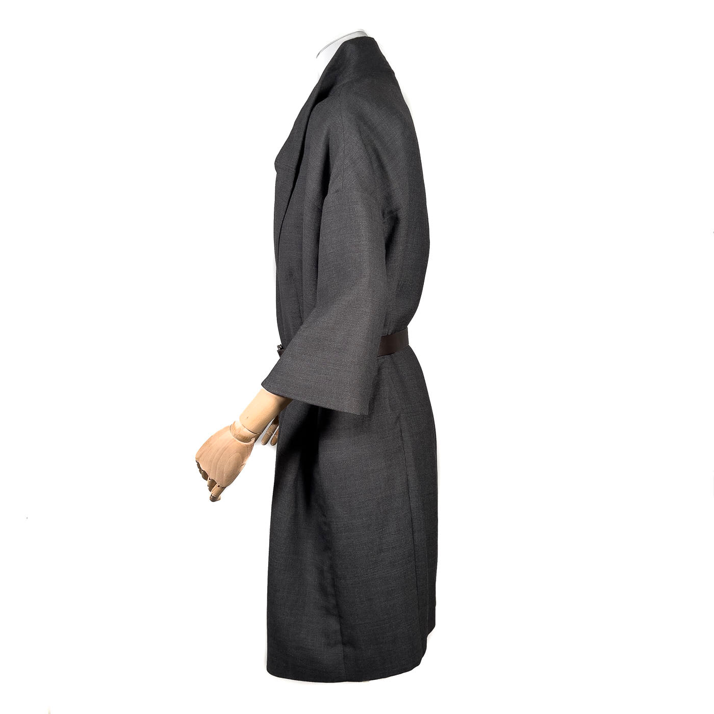 A Marni grey 3/4 sleeved coat with a calf leather belt, displayed on a mannequin with the belt detached and visible.