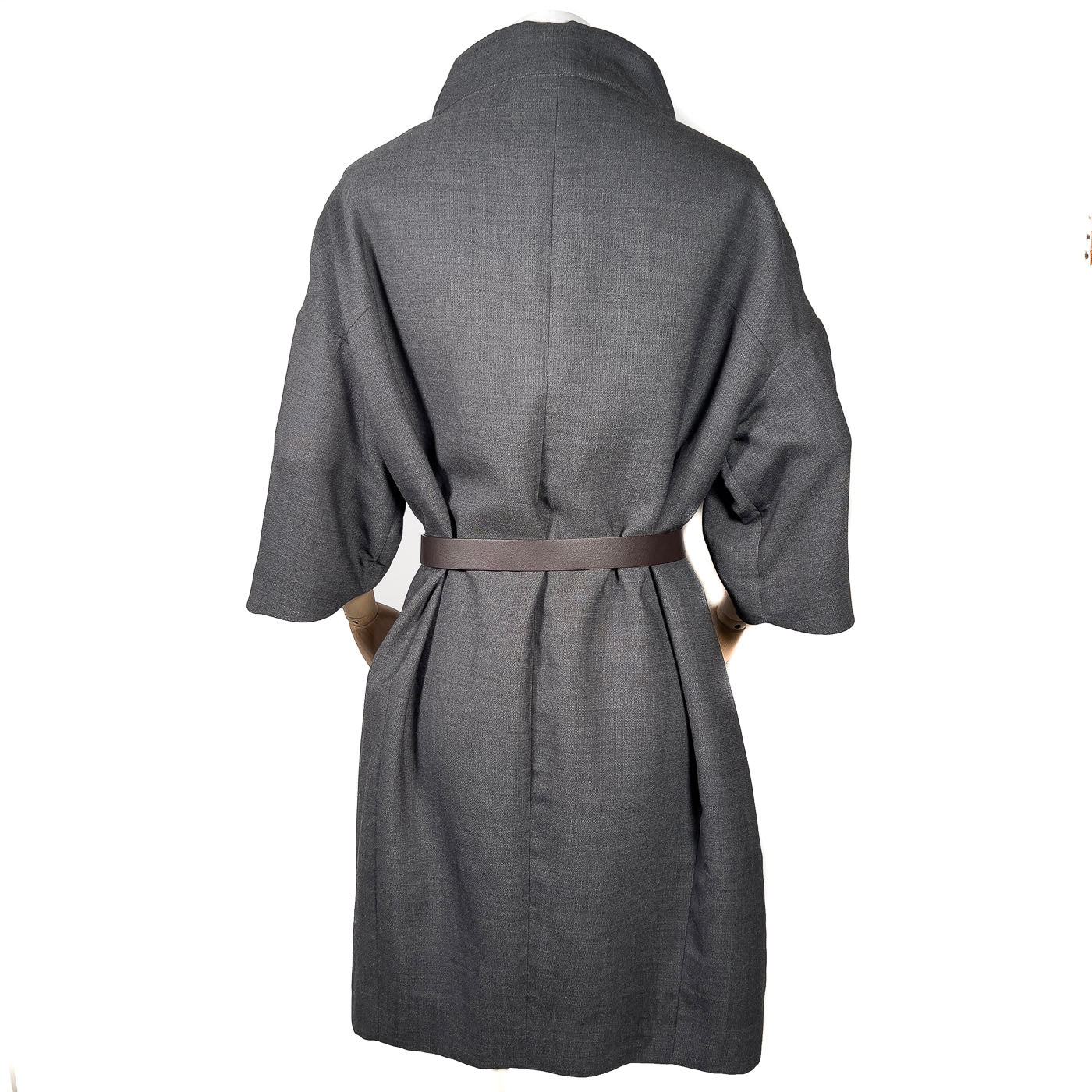A Marni grey 3/4 sleeved coat with a calf leather belt, displayed on a mannequin with the belt detached and visible.