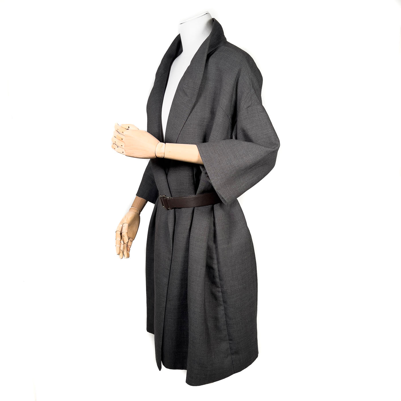 A Marni grey 3/4 sleeved coat with a calf leather belt, displayed on a mannequin with the belt detached and visible.