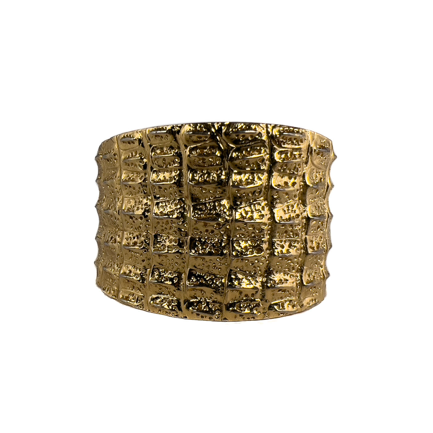 Vintage Yves Saint Laurent YSL Crocodile Pattern Cuff Bracelet Gold Tone. This beauty exemplifies the opulent style characteristic of Yves Saint Laurent. This line of jewelry was designed by Robert Goossens in 1986, as part of a collection honoring the 20th anniversary of Yves Saint Laurent. Pieces from this collection were prominently worn on screen by Penelope Cruz, in the movie Loving Pablo (2017),