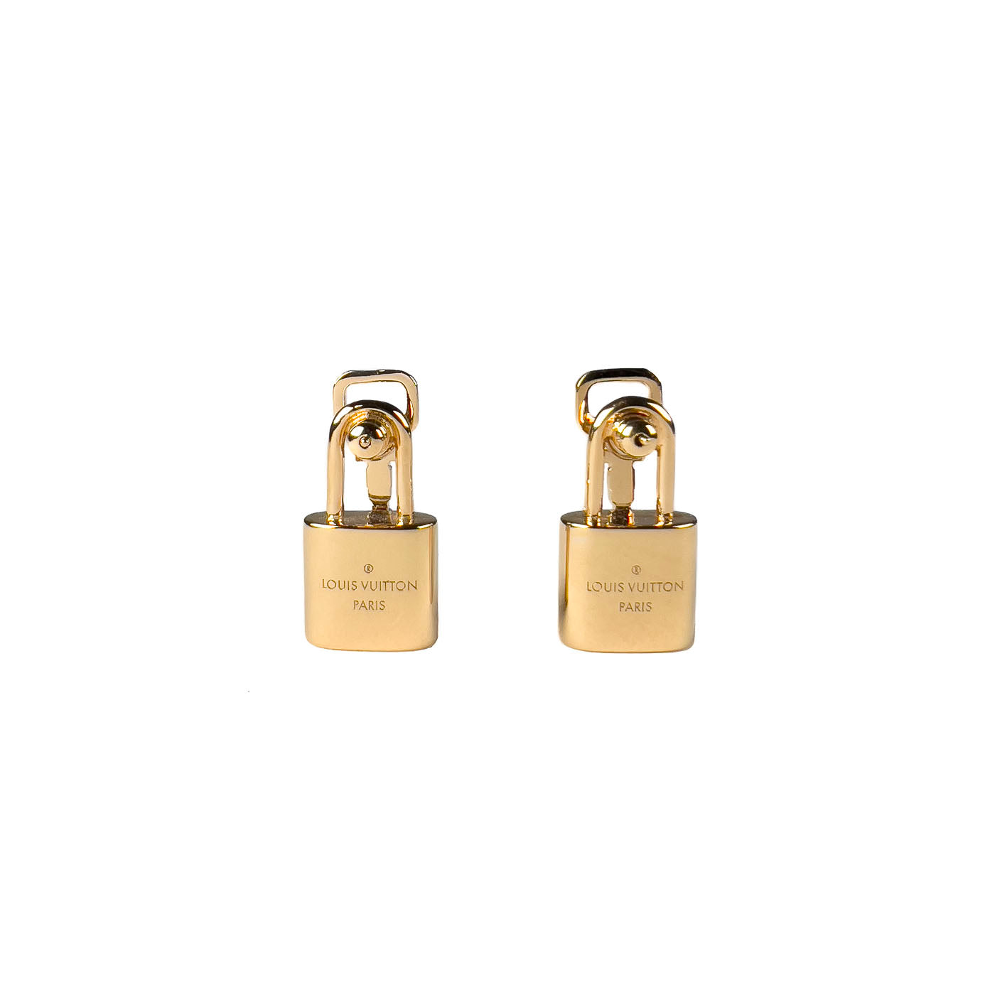 A pair of gold-tone Louis Vuitton 'Lock-it' lock and key earrings with the LV monogram.