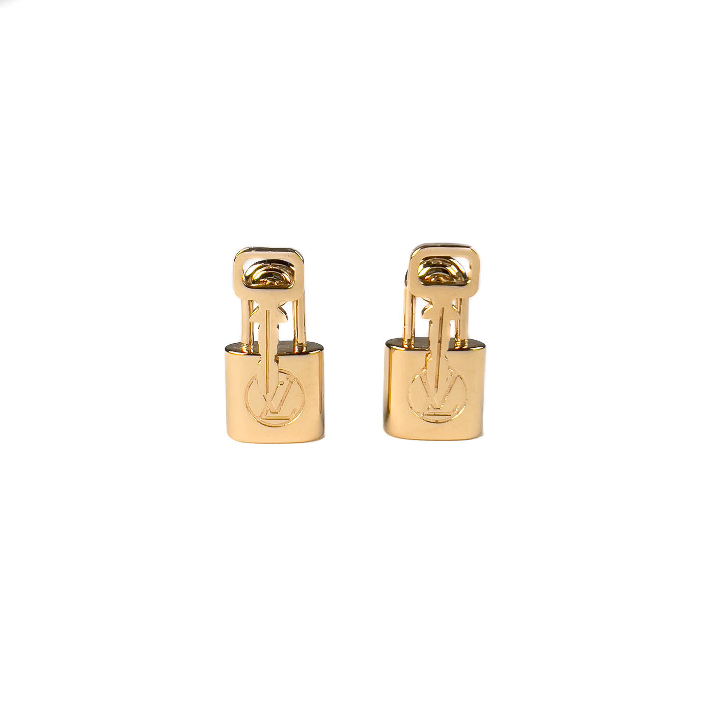 A pair of gold-tone Louis Vuitton 'Lock-it' lock and key earrings with the LV monogram.