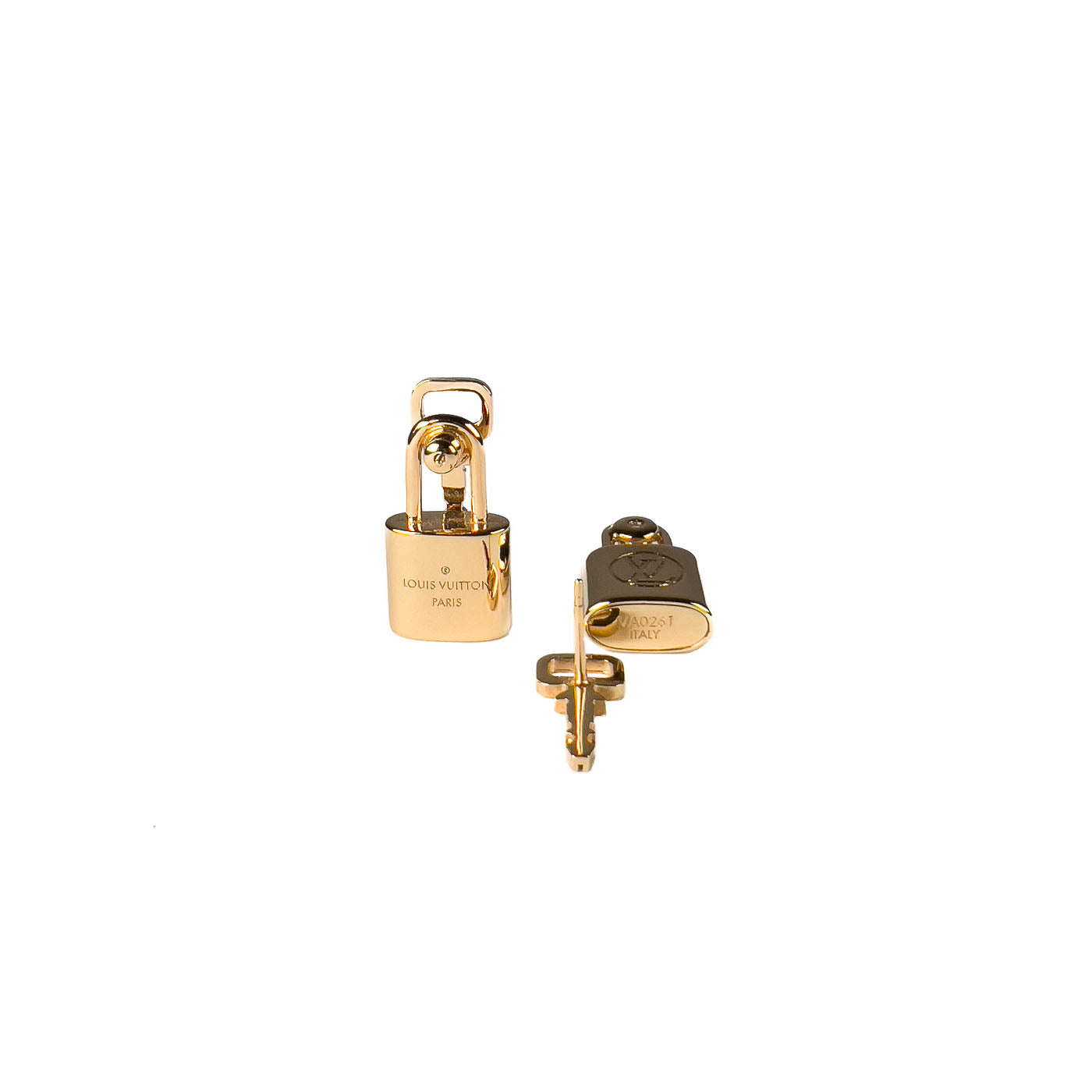 A pair of gold-tone Louis Vuitton 'Lock-it' lock and key earrings with the LV monogram.