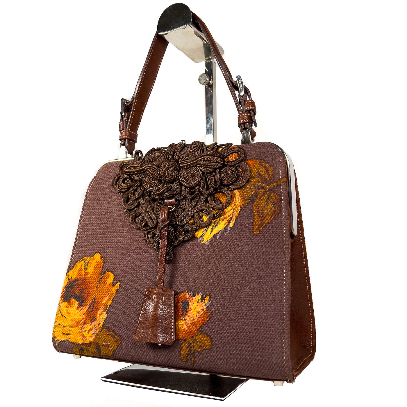 PRADA Madras Autumn Rose Embroidered Canvas Top Handle Frame Limited Edition Handbag