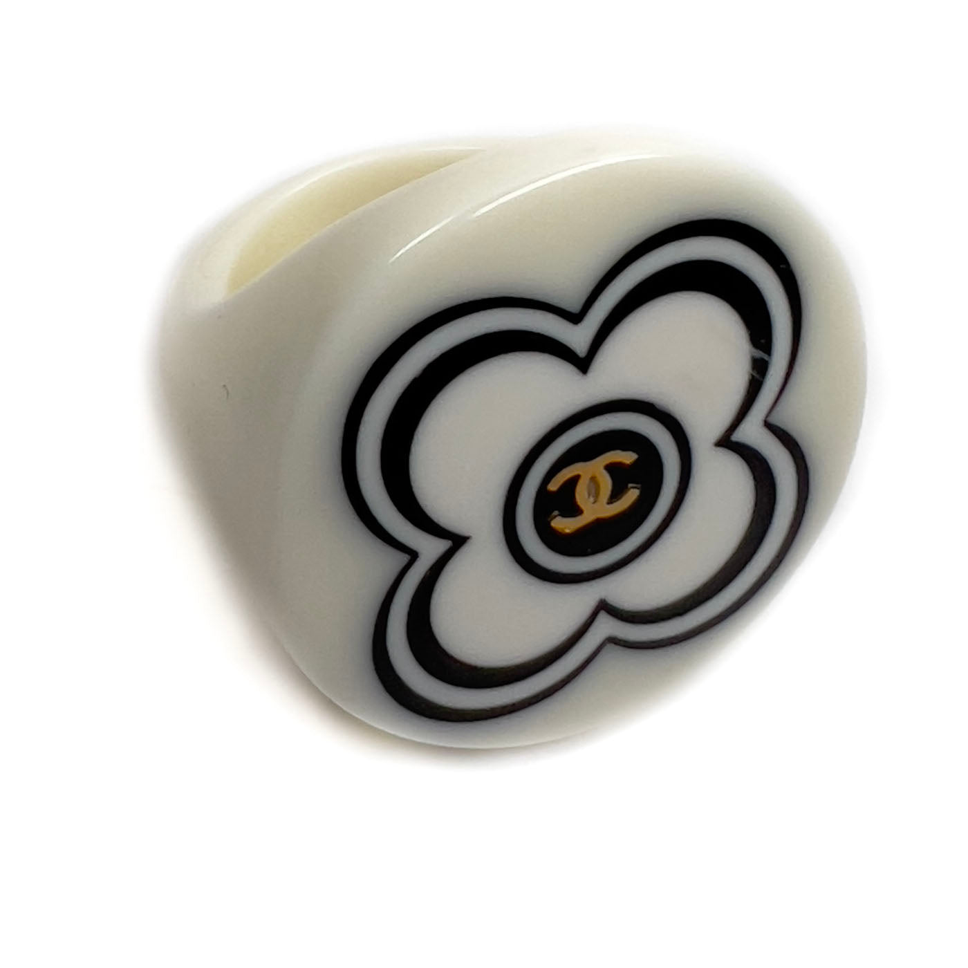 Vintage Chanel White Camelia Resin CC Ring Size EU17,5 / US7,5 02P