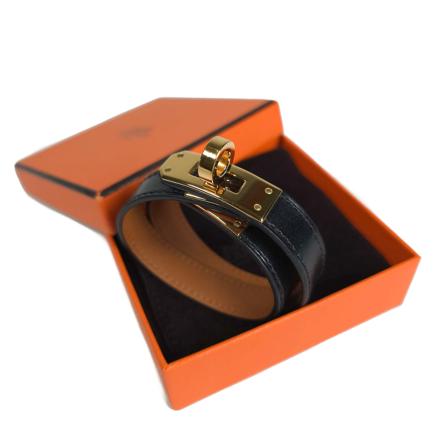 Hermès Mini Kelly Double Tour Bracelet in Black Leather with Gold-Tone Hardware Size S