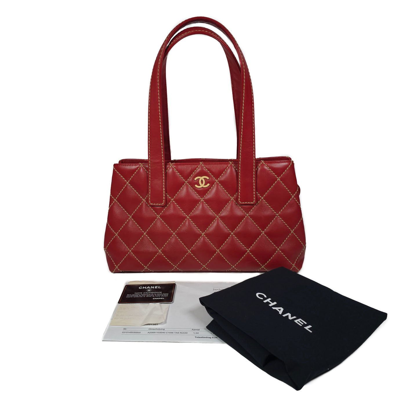 Vintage Chanel Wild Stitch Red Quilted CC Diagonal Tote Bag