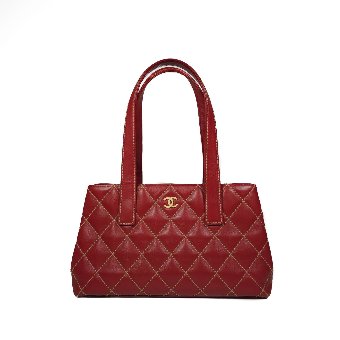 Vintage Chanel Wild Stitch Red Quilted CC Diagonal Tote Bag