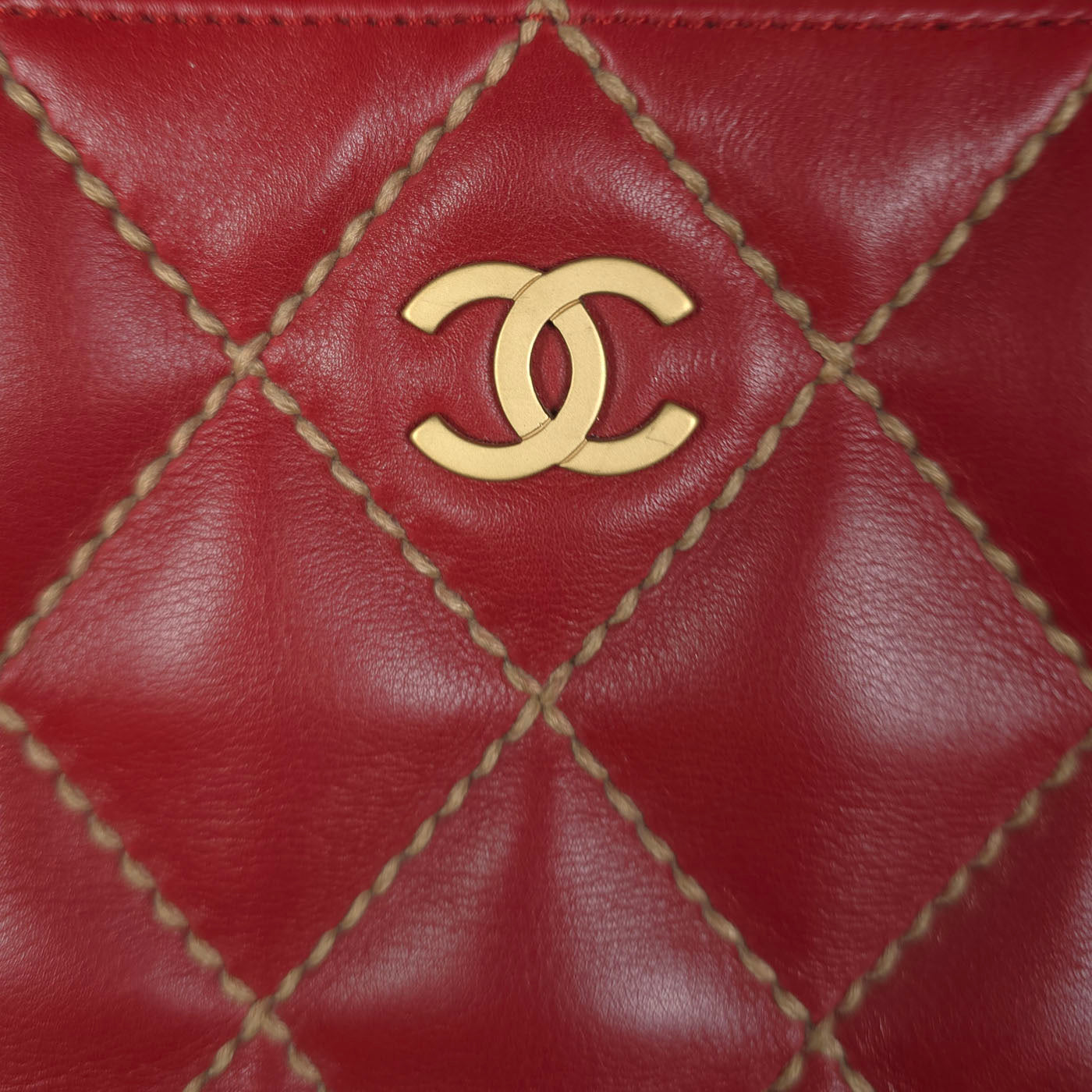 Vintage Chanel Wild Stitch Red Quilted CC Diagonal Tote Bag