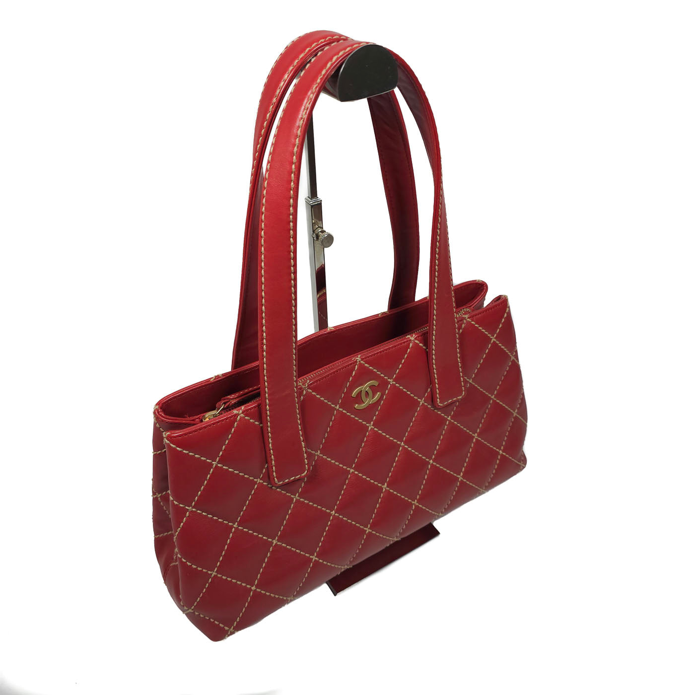 Vintage Chanel Wild Stitch Red Quilted CC Diagonal Tote Bag