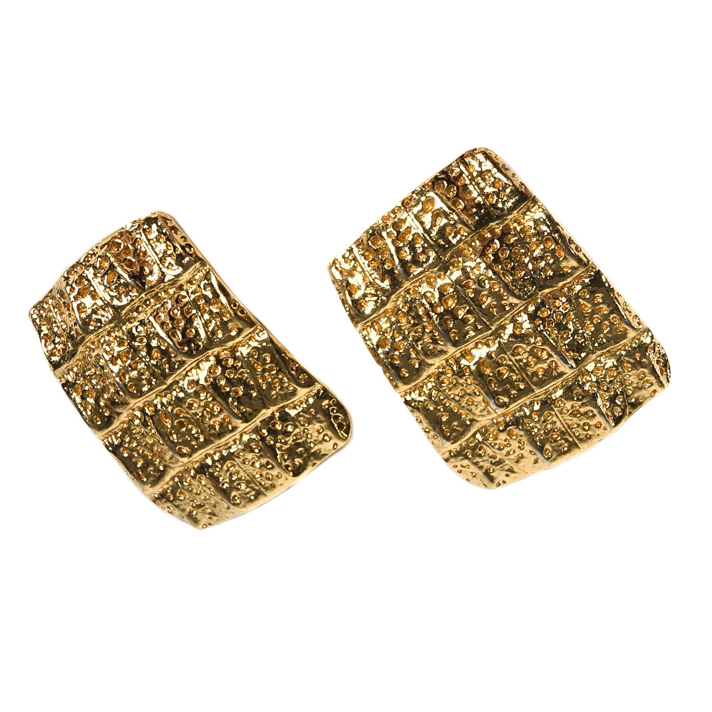 Vintage Yves Saint Laurent YSL Crocodile Pattern Clip On Earrings Gold Tone