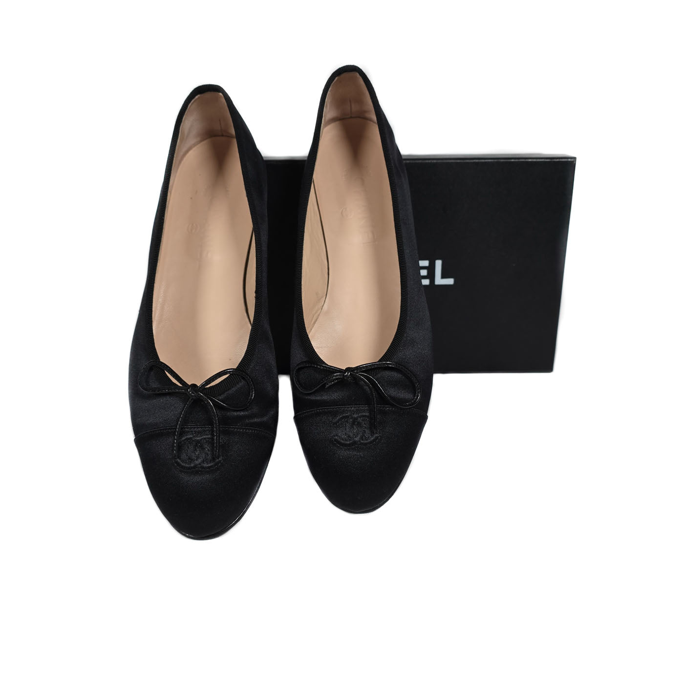 Chanel Black Satin CC Cap Toe Ballerina Pumps EU 40.5