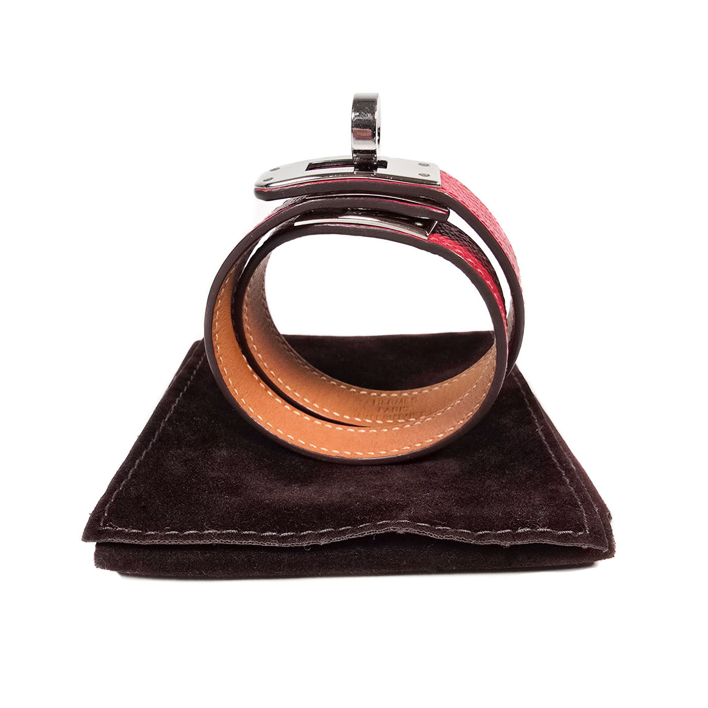 Vintage Hermès Mini Kelly Double Tour Armband in Rood Leer met Zilverkleurige Hardware Maat S