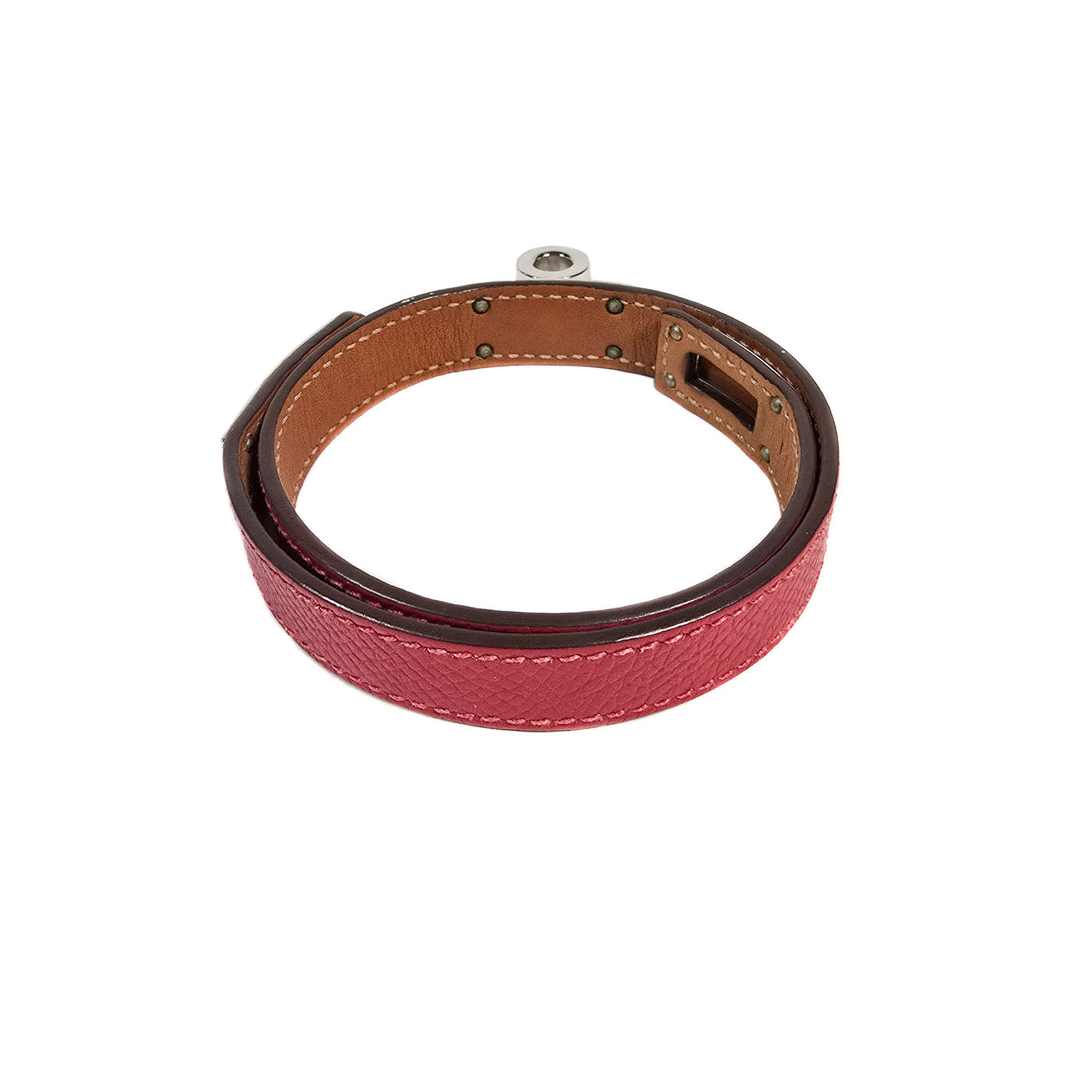 Vintage Hermès Mini Kelly Double Tour Armband in Rood Leer met Zilverkleurige Hardware Maat S