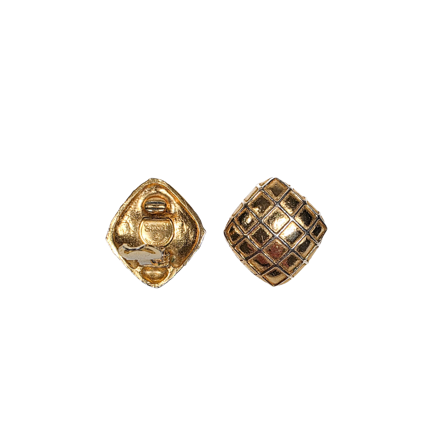 Vintage Chanel Matelasse Clip On Golden Earrings
