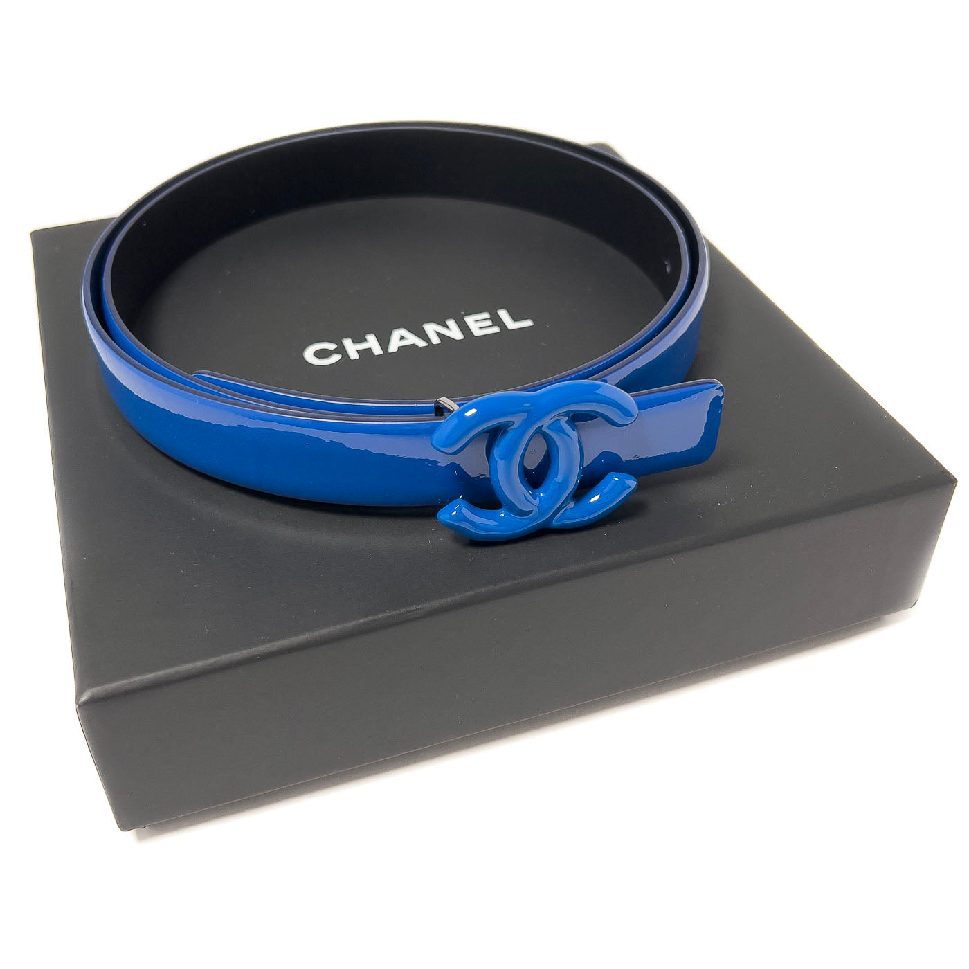 Chanel CC Logo Blue Patent Leather Belt B15P Size 80