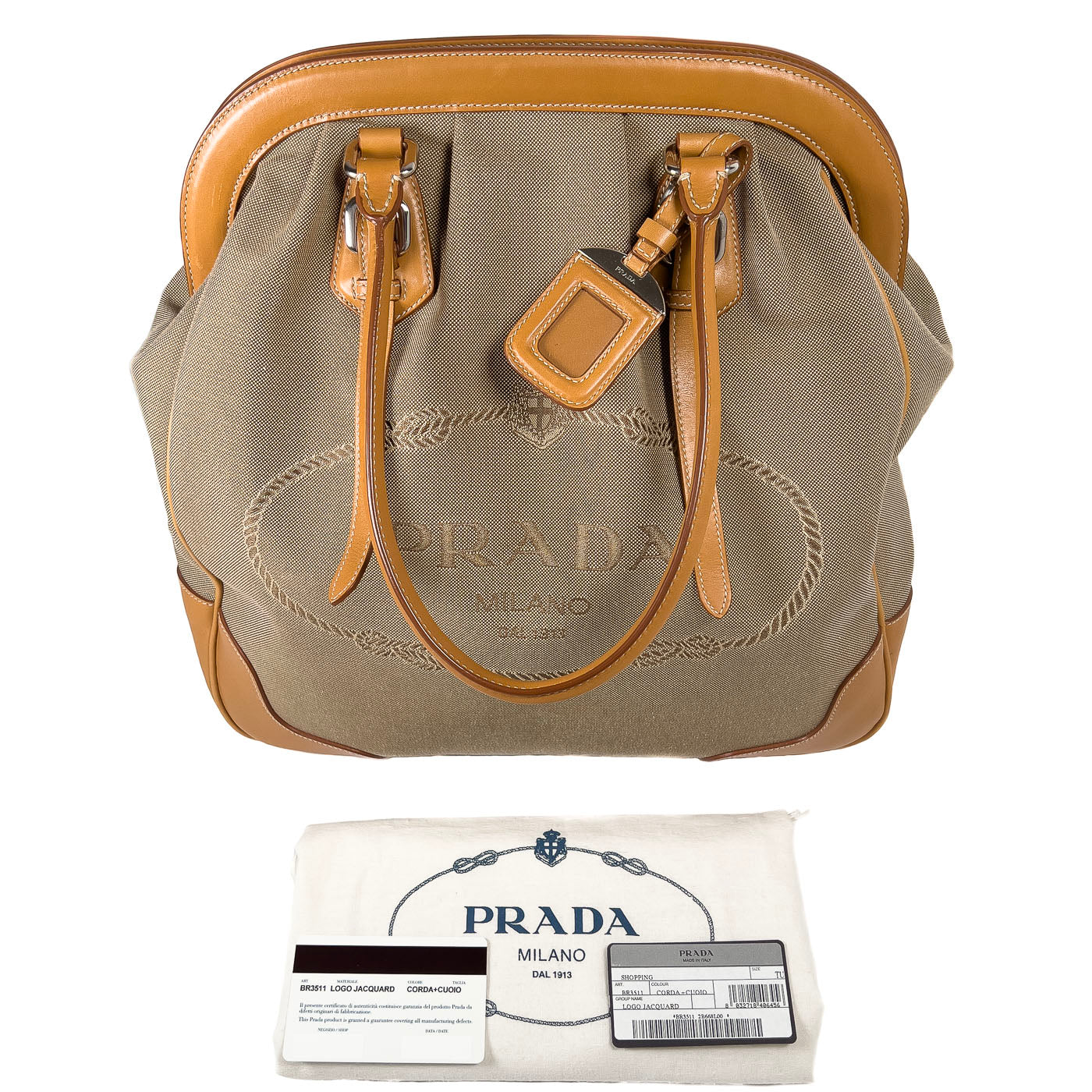 Prada Logo Jacquard Canvas Shopping Tote Bag in Corda Cuoio