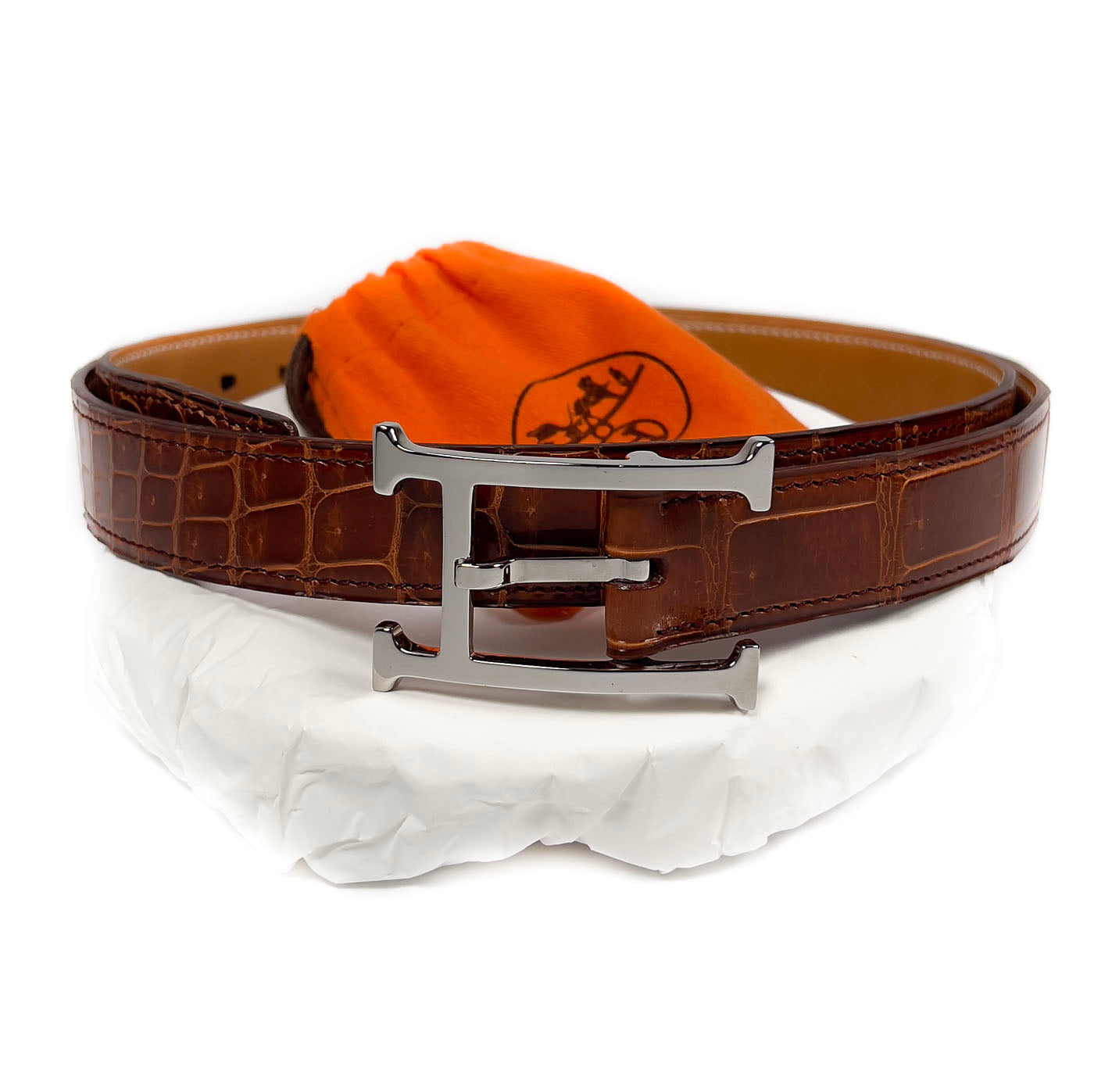 Vintage Hermès Belt Cognac Porusus Crocodile Palladium Hardware Size 90