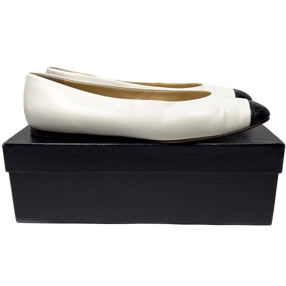 Vintage Prada White Leather Black Croco Cap Toe Ballerina Shoes EU40/ US9,5