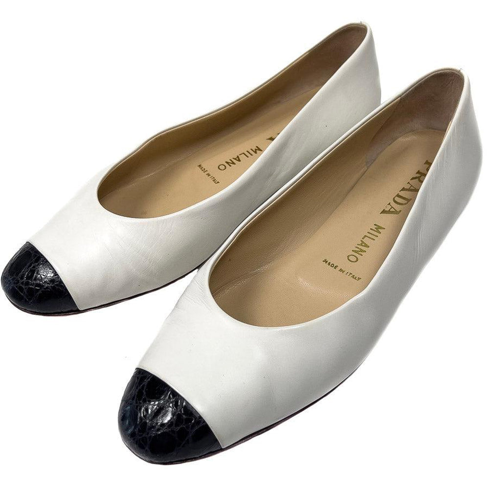 Vintage Prada White Leather Black Croco Cap Toe Ballerina Shoes EU40/ US9,5