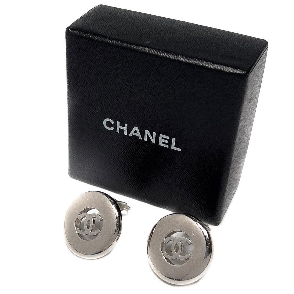 Authentic Vintage Chanel earrings CC logo black silver round