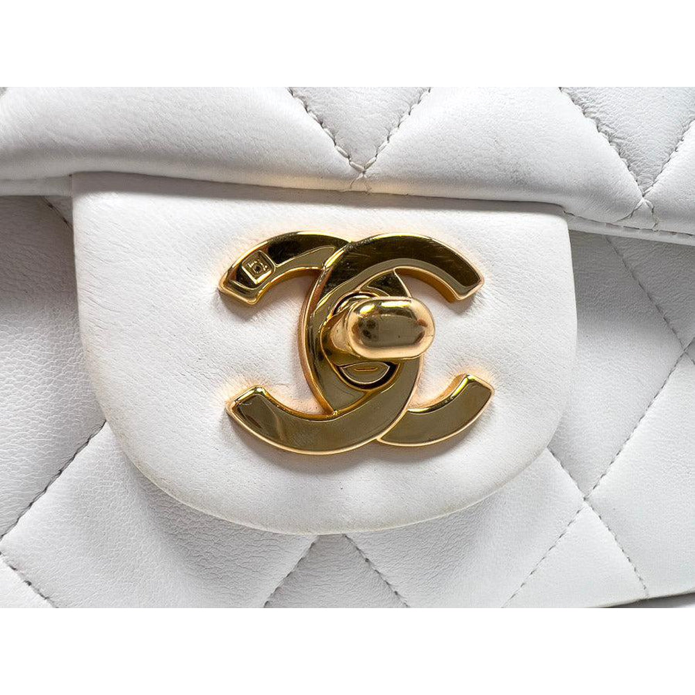 Chanel Vintage White Lambskin Leather Strap Small Classic Flap Bag