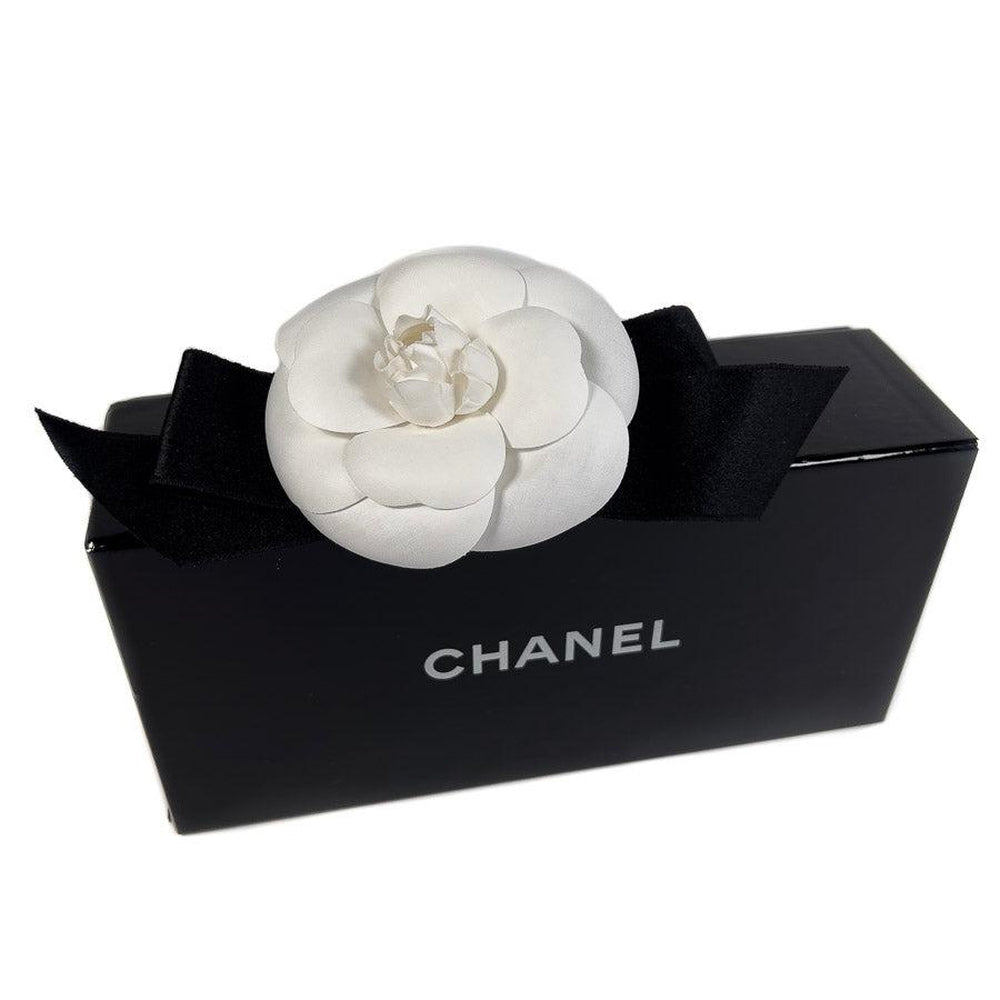 Vintage Chanel Brooch White Camelia on Black Ribbon