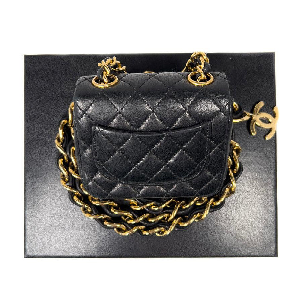 Chanel Vintage Chanel Mini Black Quilted Lambskin Leather Chain
