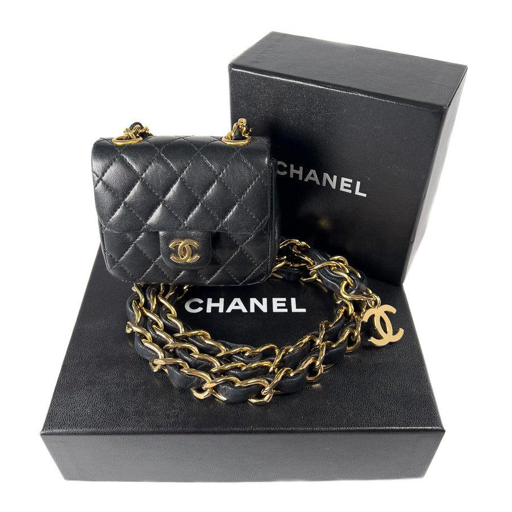 Chanel Vintage Chanel black Leather Belt + Mini Bag Charm CC Gold