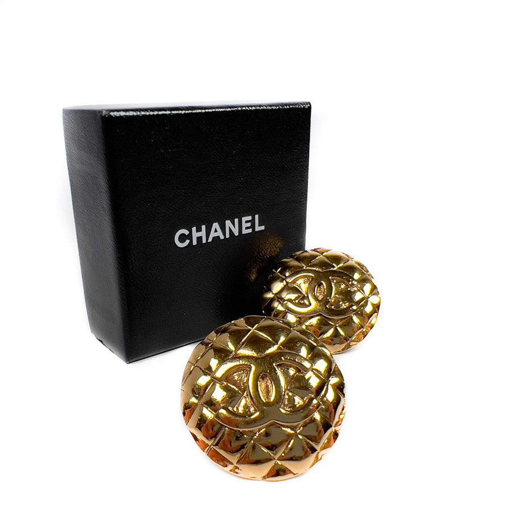 Vintage Chanel Gold Clip Earrings CC Matelasse Large