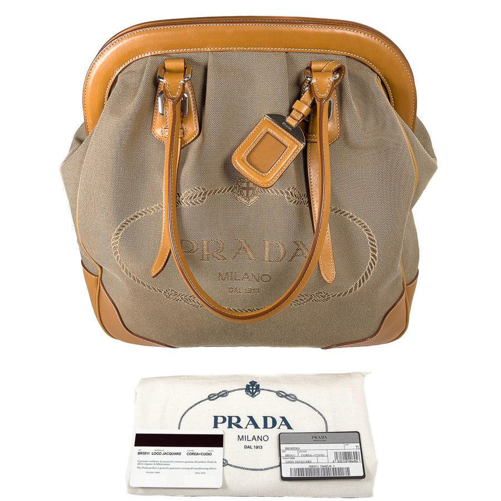 Vintage Prada Shopping Tote Bag Logo Jacquard Canvas Corda Cuoio